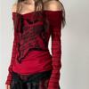 Mode Harajuku Y2k Buchstabenprint T-Shirts 2026 Langarm Schulterfrei Gestreifte T-Shirts Streetwear Damen Grunge Schrägschnitt Hals T-Shirts
