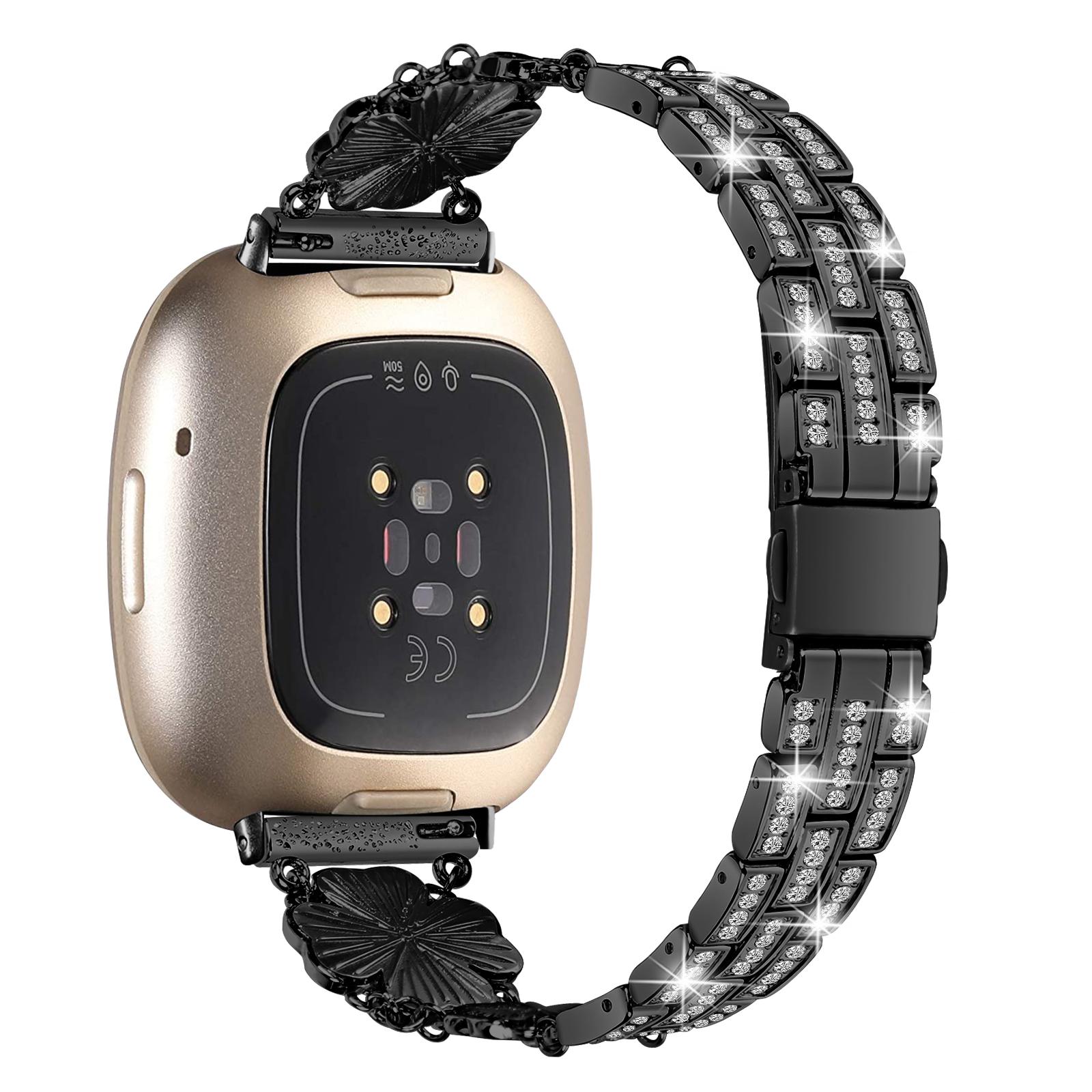 

Watch Strap for Fitbit Sense/Versa 3 Rhinestone Decor Replacement Steel Wrist Band Black