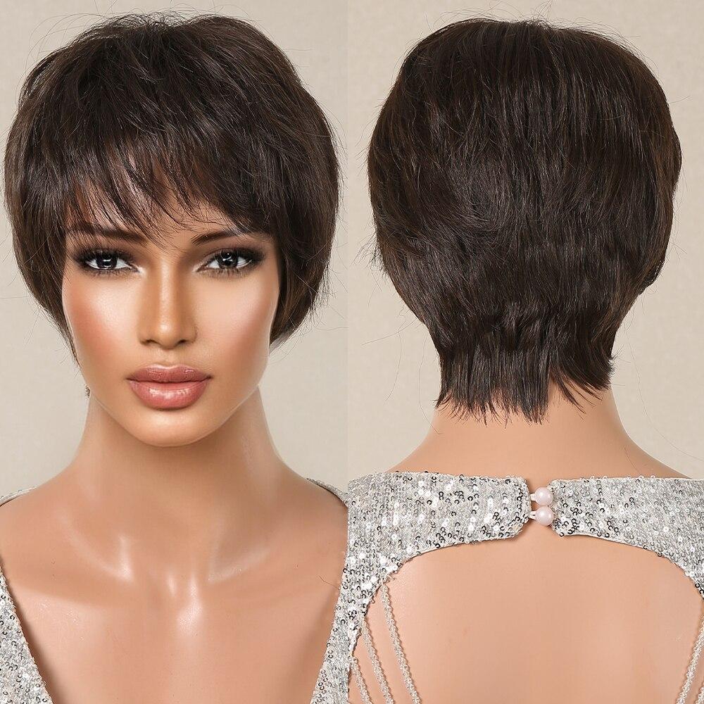 Kurze synthetische Perücken im Pixie-Schnitt, braun, natürlich, gerade, geschichtete Perücke für Frauen, Haarperücke für den täglichen Gebrauch, mit flauschigem Pony, hitzebeständig