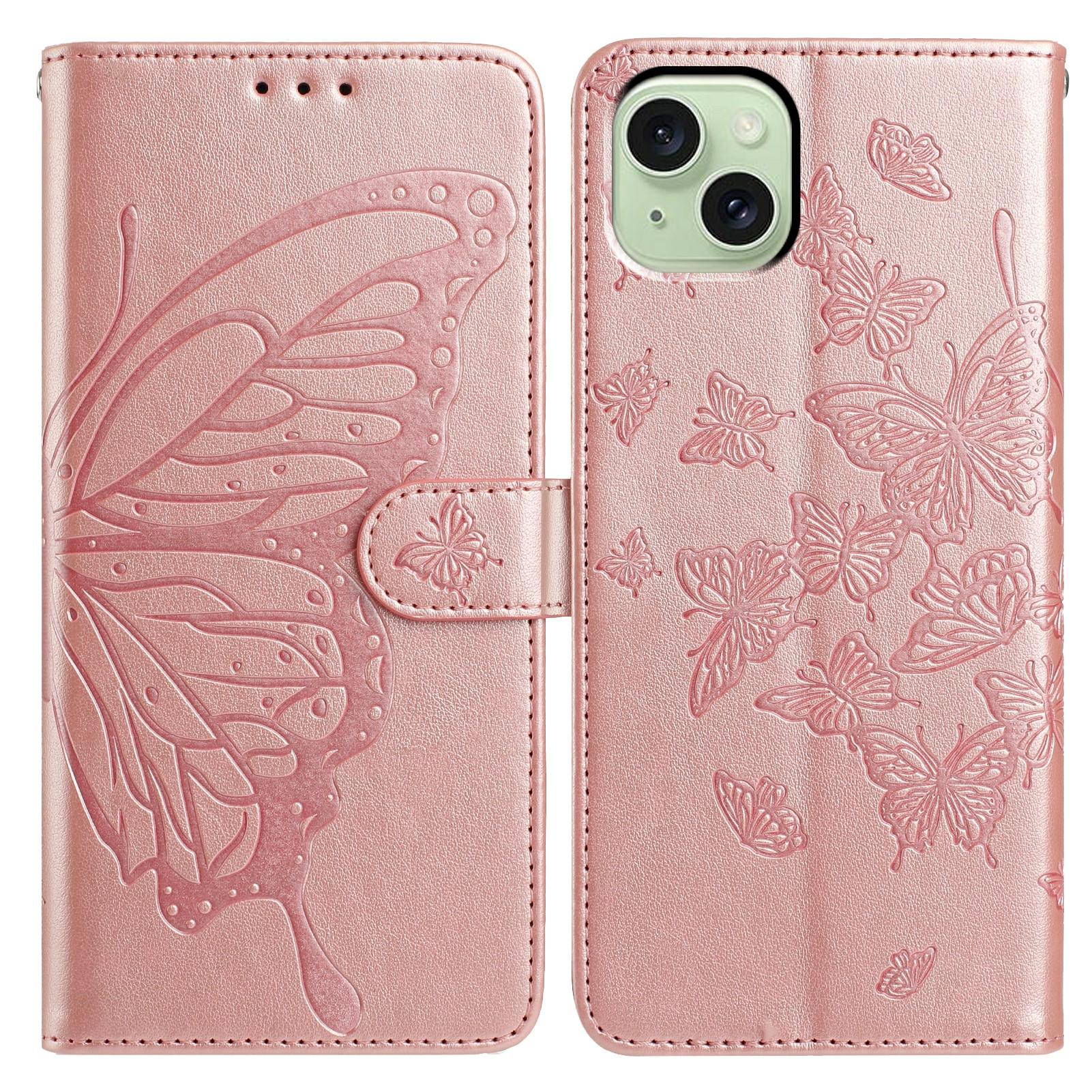 

For iPhone 15 Case Butterfly Imprinted Wallet Stand PU Leather Flip Phone Cover with Strap Rose Gold