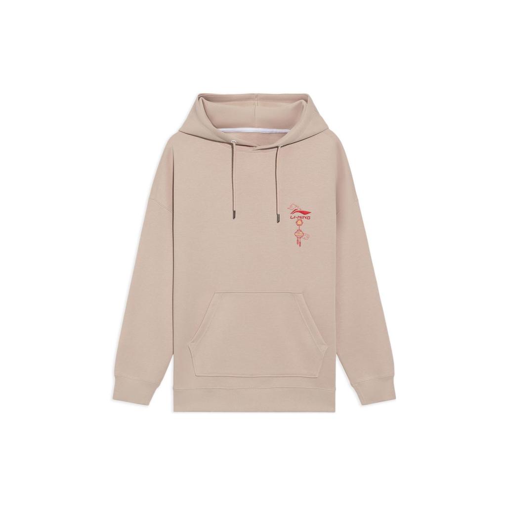 Li Ning Sports Lifestyle Series Trendy Sports Logo Text Pattern Embroidered Pullover Hoodie Unisex hoodies Beige AWDS369-3
