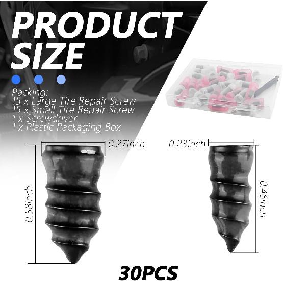 30PCS Tire Plug Kit,Self-Service Flat Tire Repair Kit Including Screwdriver,Upgraded Thickened Adhesive-Covered Tires Repair Screws for Sudden Flat