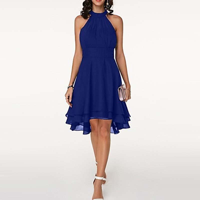 

Women s Summer Bare Shoulder Sleeveless Round Neck Waist Slim Fit Chiffon Knee-length Midi Dress Clothes Sale 5XL синій