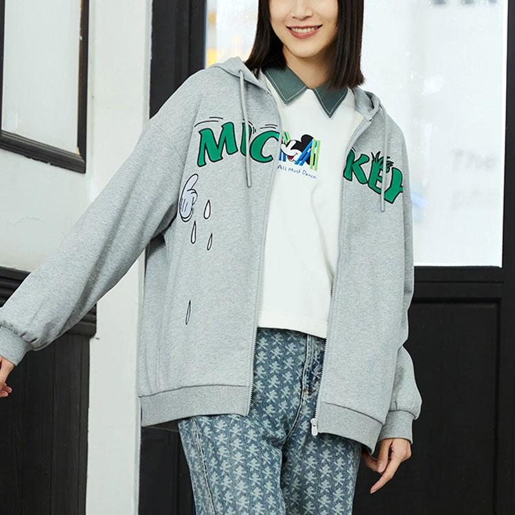 Li-Ning X Disney Co-Branded Letter Print Loose Zip Hoodie Jacket Women Outerwear Grey AWDS590-2