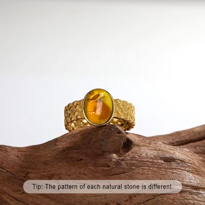 S925 Silver Ring With Natural Amber Stone Flower Shape Oval Petal Amber Stone Gifts Fine Jewelry For Women
