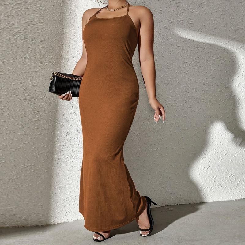 

Летнее женское сексуальное длинное платье без рукавов с лямкой на шее и открытой спиной «рыбий хвост» размера плюс, облегающее платье на бедрах, повседневное темпераментное платье 3XL темно-коричневого