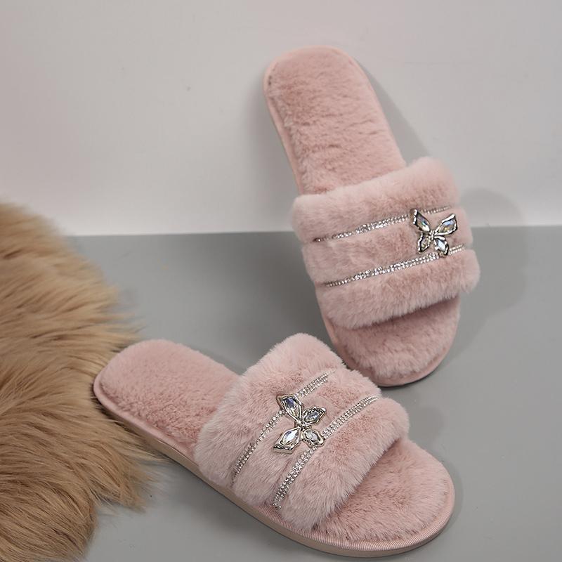 Metal Butterfly Decor Plush Slippers Women Indoor Home Open Toe Faux Fur Slides Woman Shiny Crystal Comfortable Fluffy Slippers