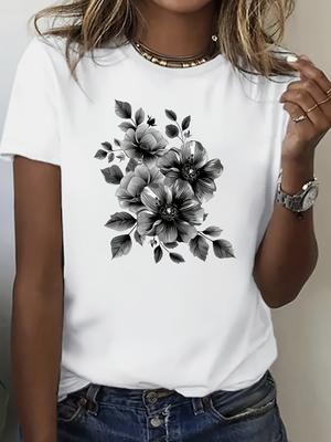 Floral Print Crew Neck T-shirt Casual Short Sleeve Top For Spring & Summer Women'S Clothing Women T Shirt