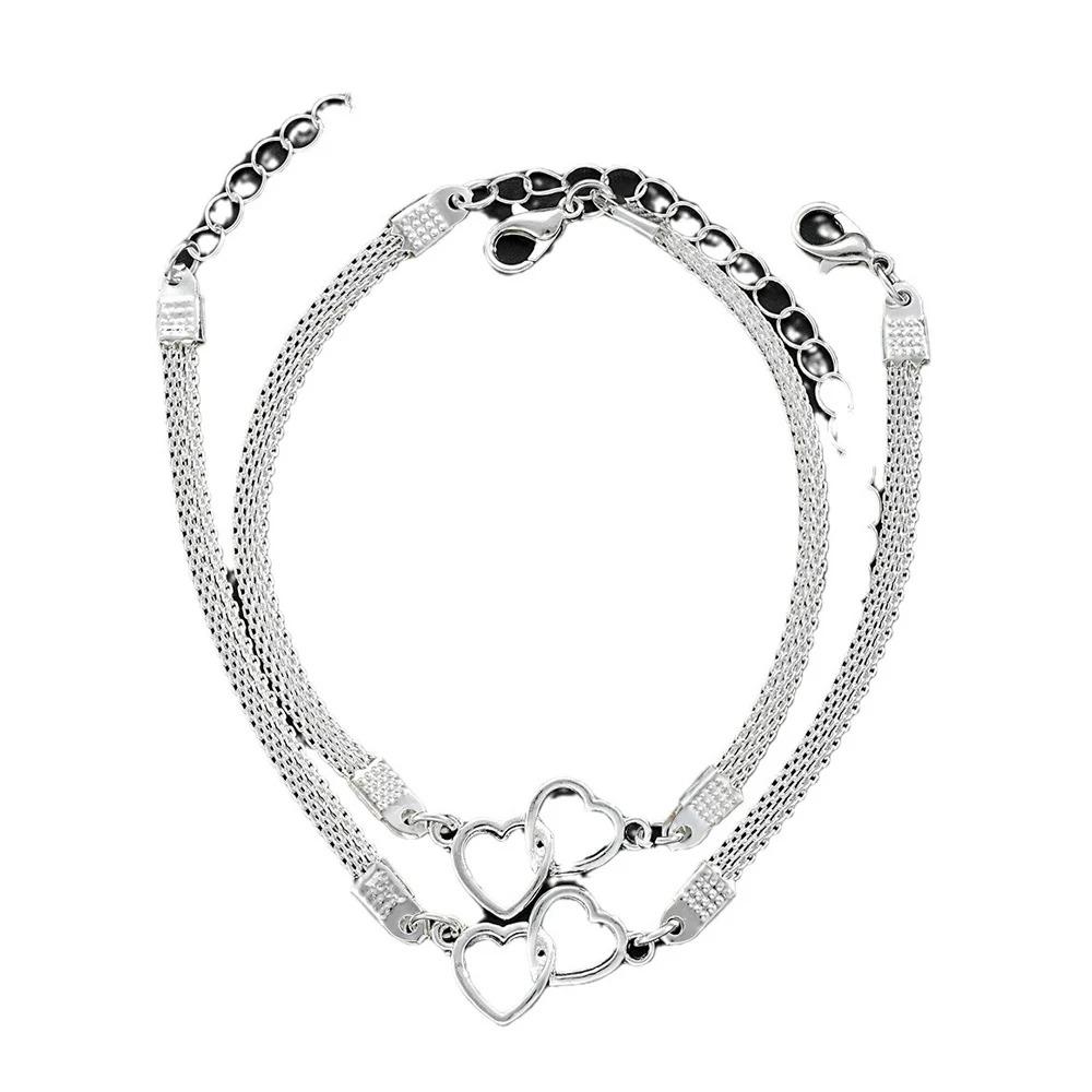 2Pcs/Set Love Heart Couple Bracelets for Women Men Silver Color Double Layer Matching Chain Bracelet Lover Jewelry Wedding Gift