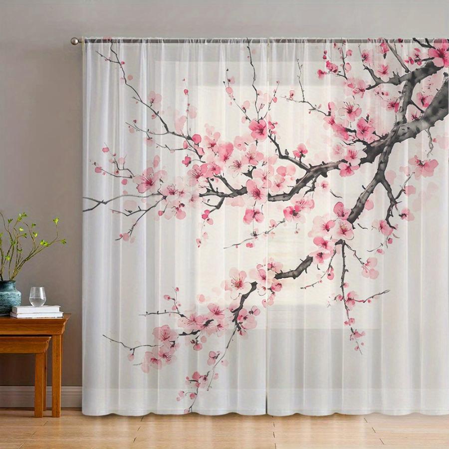2PCS Digital Print Sheer Curtain, Elegant Plum Blossom Floral Pattern, Classic Chinese Art Style Home Window Decoration