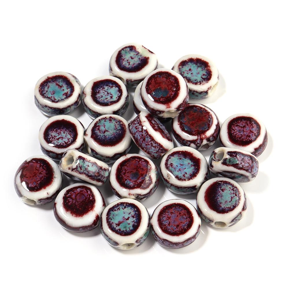 10pcs/lot 12mm Colorful Floral Glaze Ceramic Beads Flat Round Loose Beads for DIY Jewelry Making Bracelet Necklace Accessories