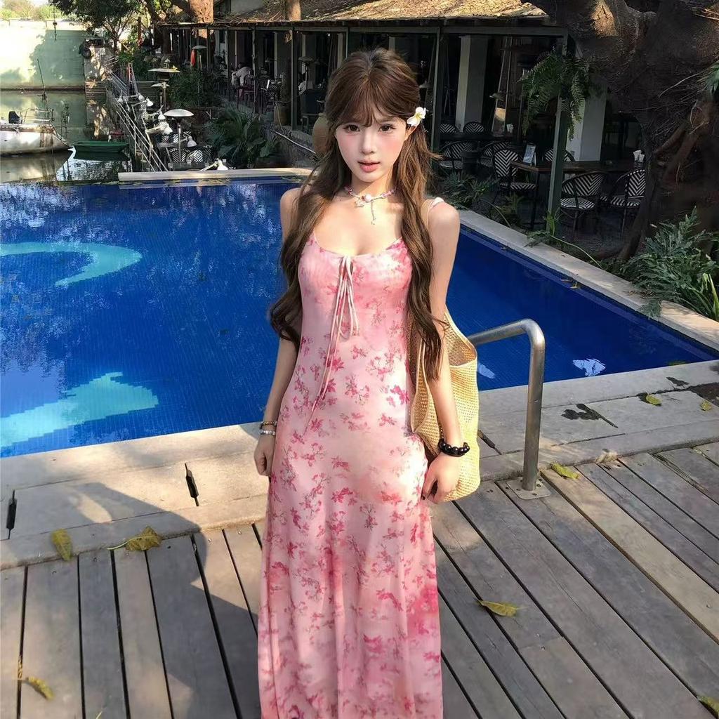French coffee break pink floral suspender dress women's summer waist skirt temperament seaside vacation a word long dress