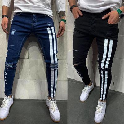 Erkek Yırtık Elastik Kot Çizgili Harfler Baskı Pantalones Hip Hop Denim Pantolon