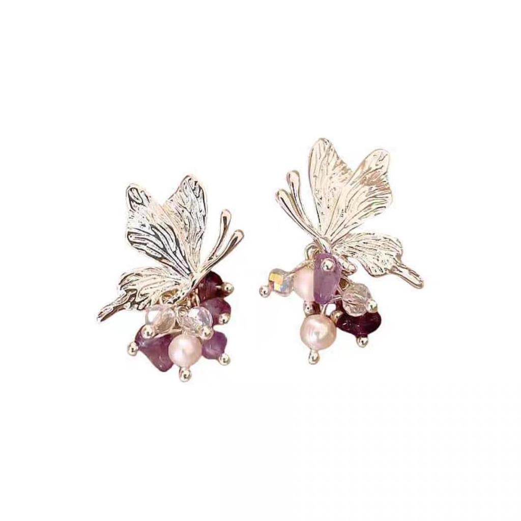 Niche Design Butterfly Purple Crystal Zirconia Pearl Strand Earrings - Symmetrical and Exquisite Women's Studs