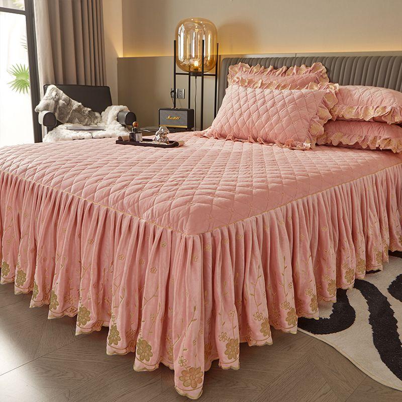 3-teiliges einfarbiges hellbeige-freundliches gestepptes Lagen-Bettrock-Set mit hoher Spitzengarnitur, 1 Stück Bettrock + 2 Stück Kissenbezüge