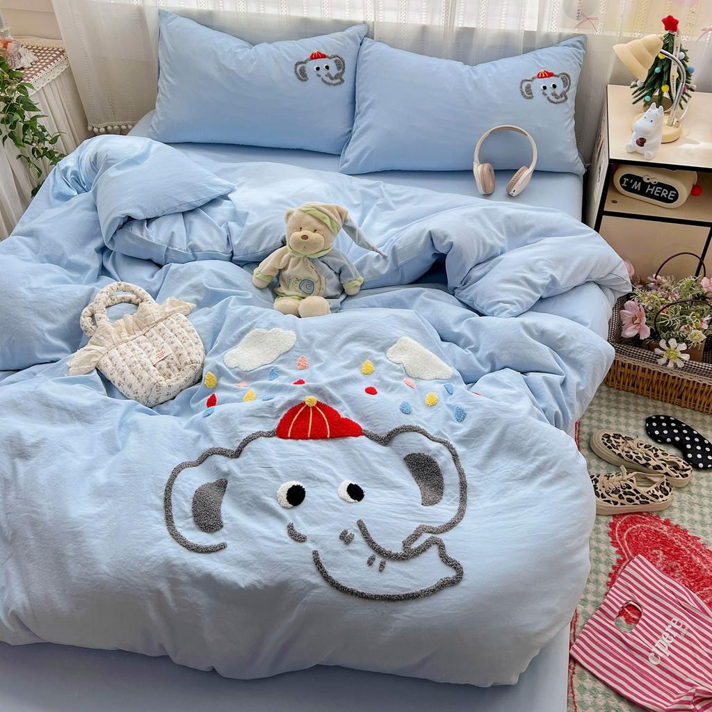 High Count High-Density Fabric Towel Embroidery Cartoon Four-Piece Bedding Set