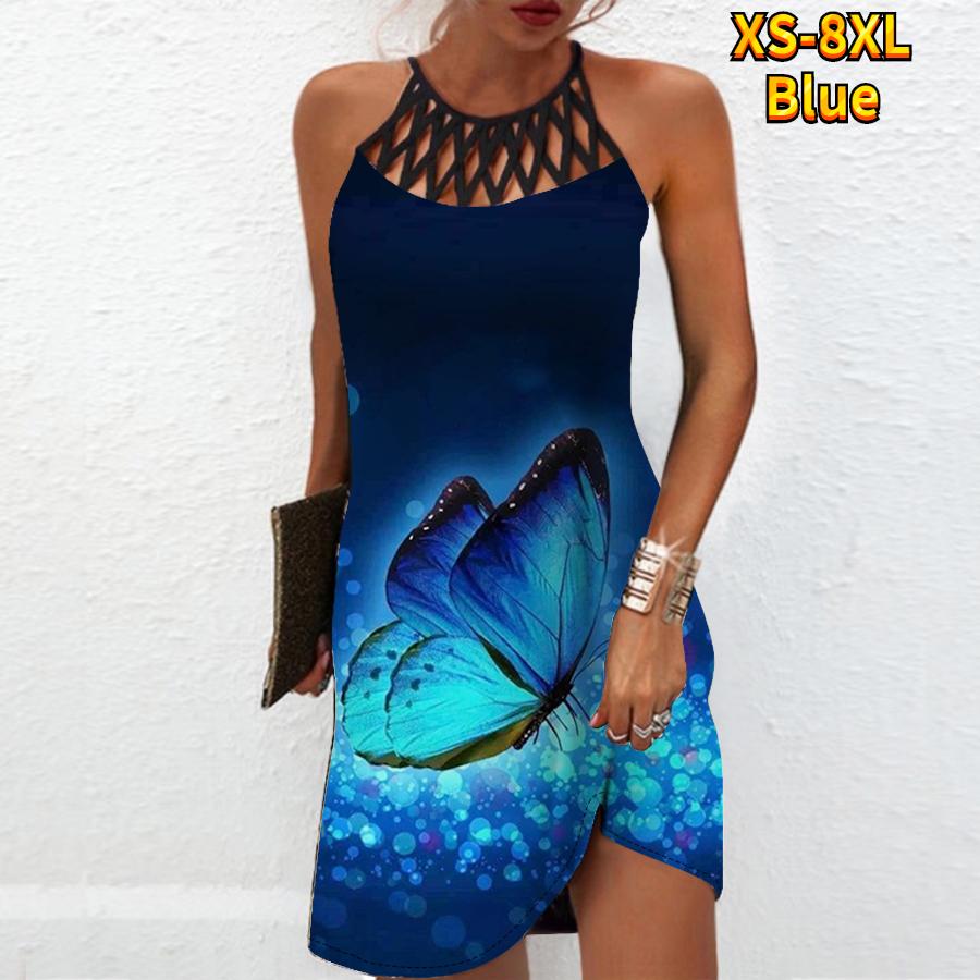 Summer Fashion Sexy Sleeveless Dress Soft Casual 3D Blue Butterfly Print Dress Sleeveless Sling Dress Summer Suspender Dress