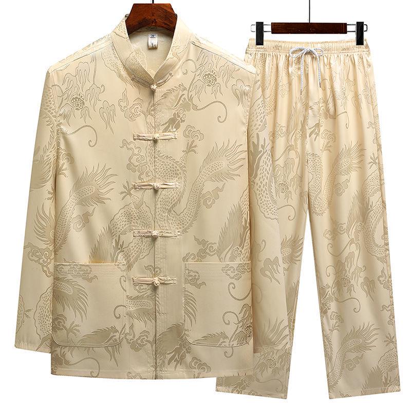 Men's Ice Silk Long-Sleeve Tang Suit: Chinese-Style Spring Hanfu for Older Adults, Loose Fit