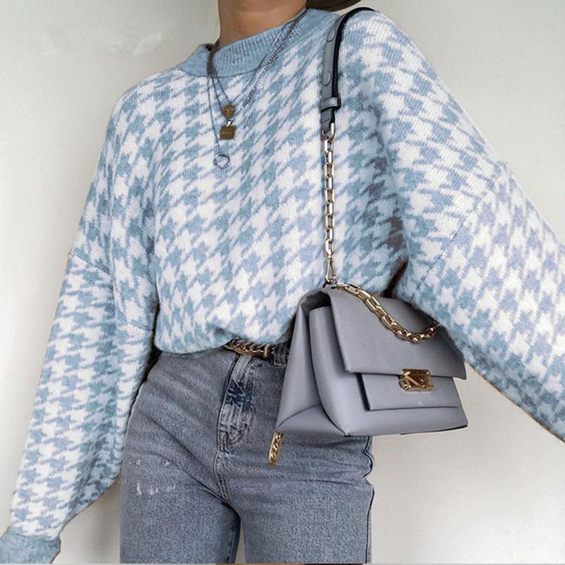 

Жіночий в язаний пуловер з геометричним візерунком гусяча лапка осінь-зима, повсякденний светр з довгими рукавами L