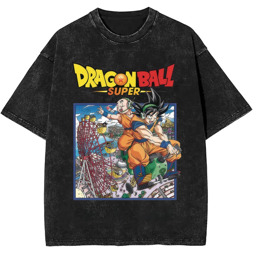 2026 Summer Dragon Ball Nostalgic T-Shirt 100% Cotton Heavyweight Washed Retro Oversized Men's Anime Print Streetwear Unisex