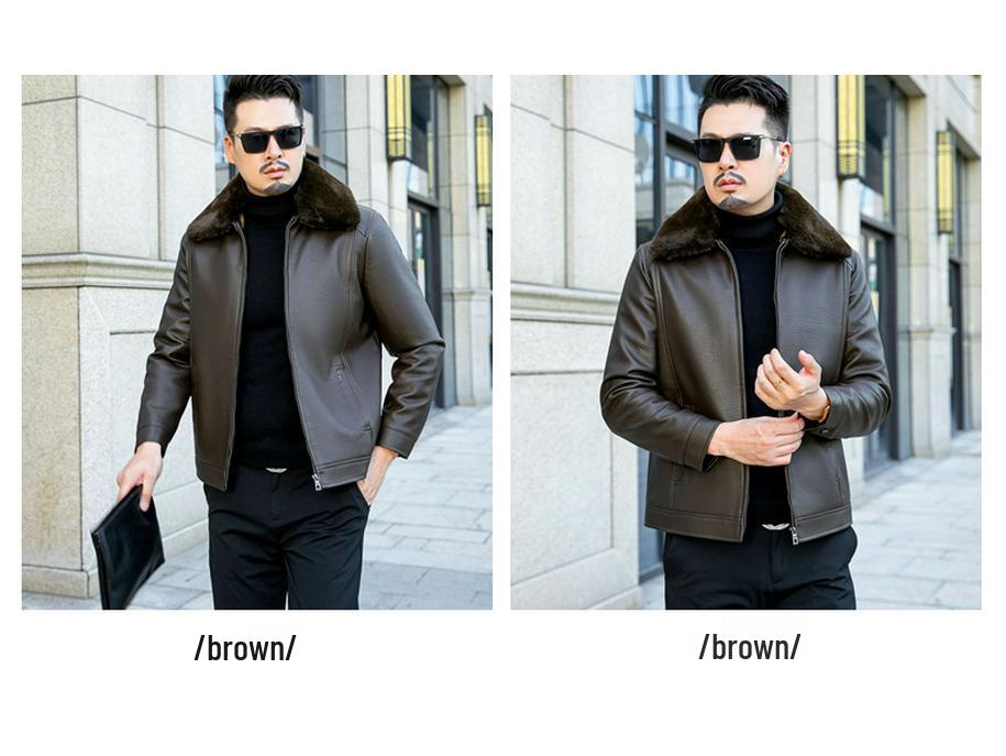 Men's Winter Casual Lapel Leather Jacket with Plus Velvet, Suitable for Middle-aged and Elderly.
