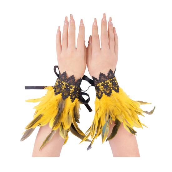 1 Pair Gothic Feather Wrist Cuff Gloves Feather Lace-Up Ribbons Halloween Party