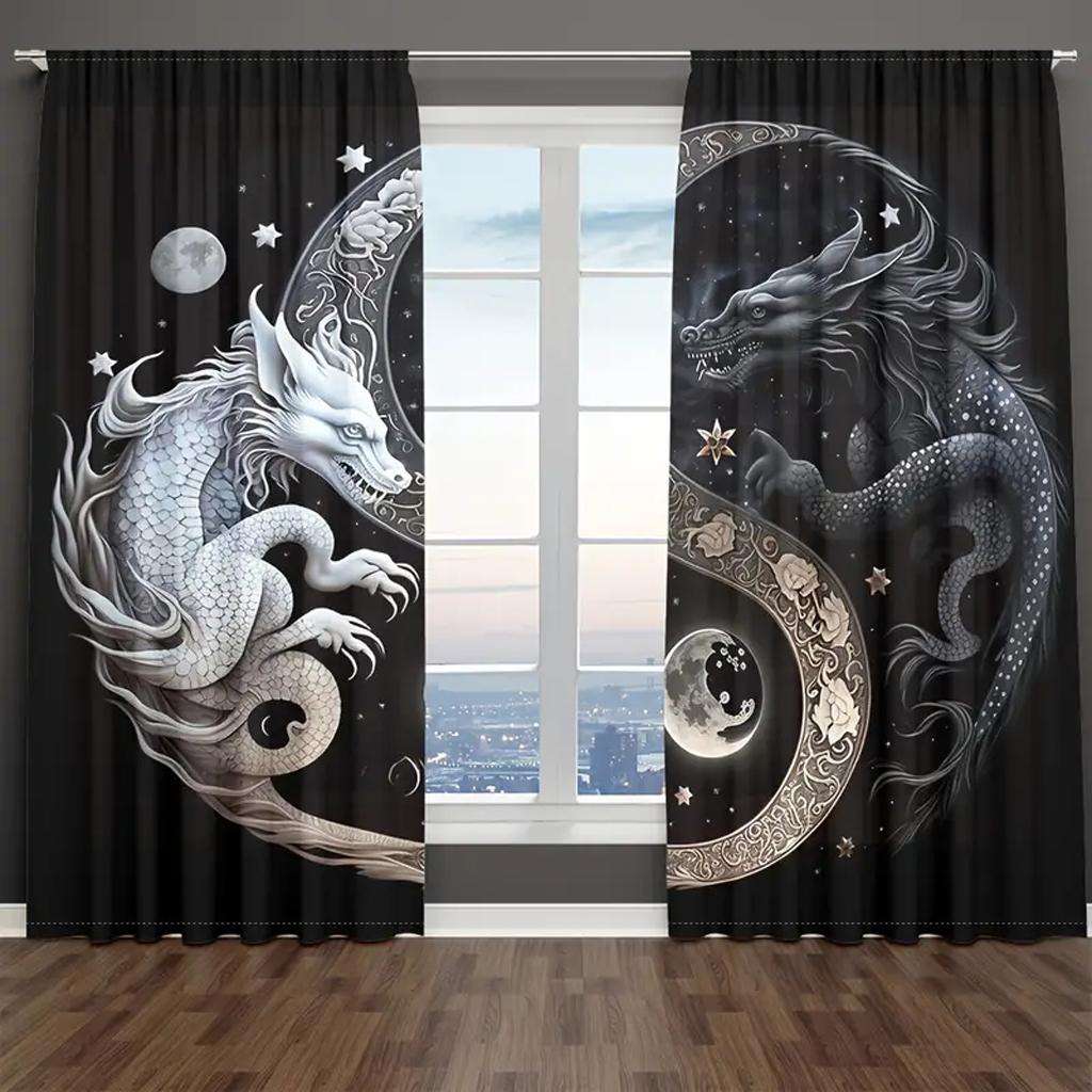 2 PCS Chinese Happy New Year Dragon Pirnt Curtains, 3D Print Window Curtains for Living Room Bedroom Red and Gold Free Shipping