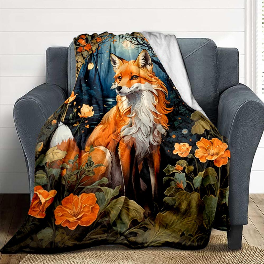 1 Stück Fuchs Waldblumen Flanelldecke, Bequeme und Warme Decke, für Camping Sofa Bett und Couch Büro016