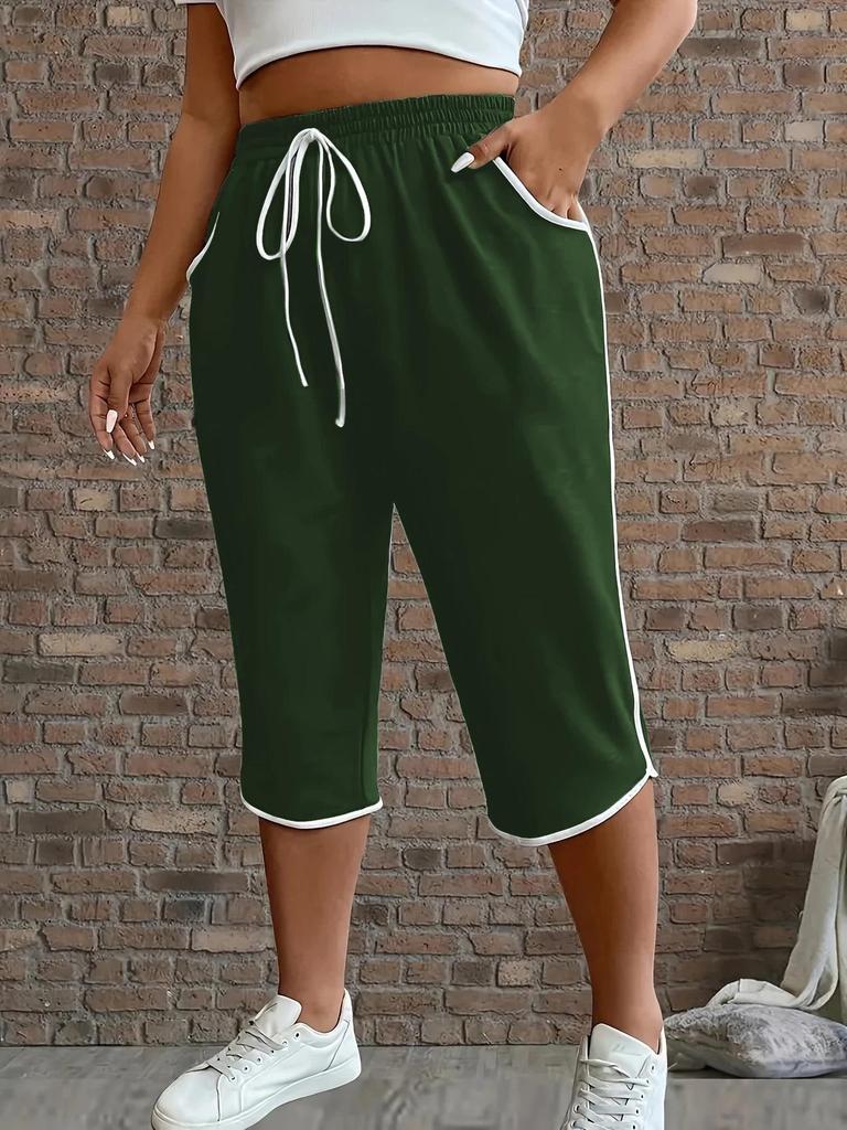 2026 Plus Size Women's Color Block Stretchy Cropped Pants - Comfortable & Sexy Sportswear Casual Pants