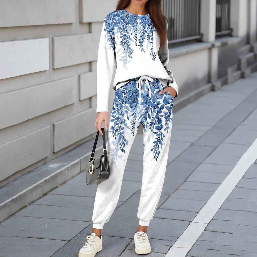 Sets For Women 2 Piece Round Neck Long Sleeve Shirts Printed Sweatpants Pocket Sets