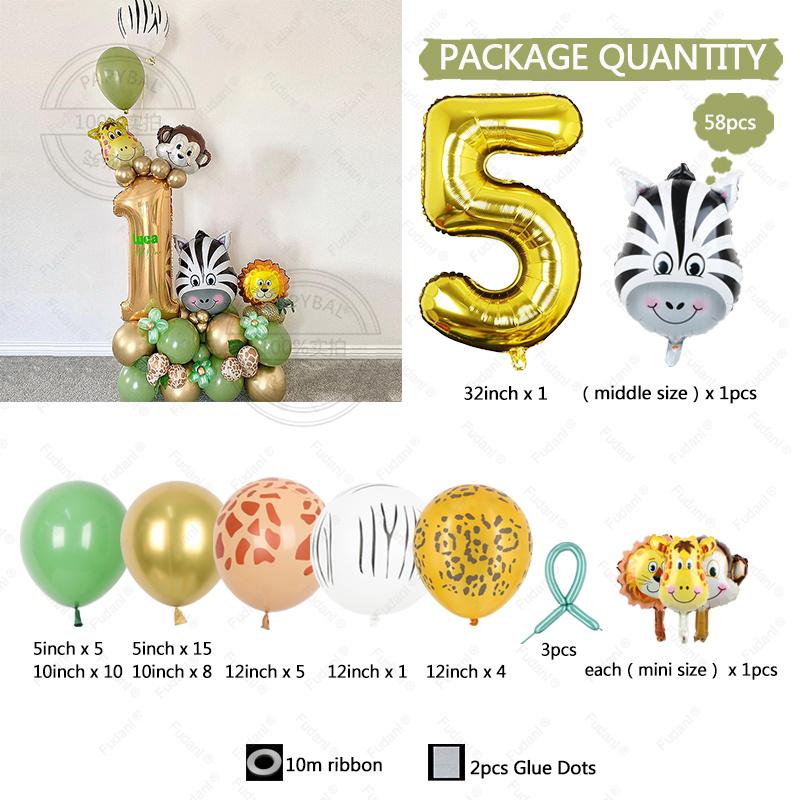 58pcs Wild Jungle Party Theme Gold Number 1-9 Balloon Garland Kit Birthday Baby Shower Gender Reveal Party Supplies Decorations