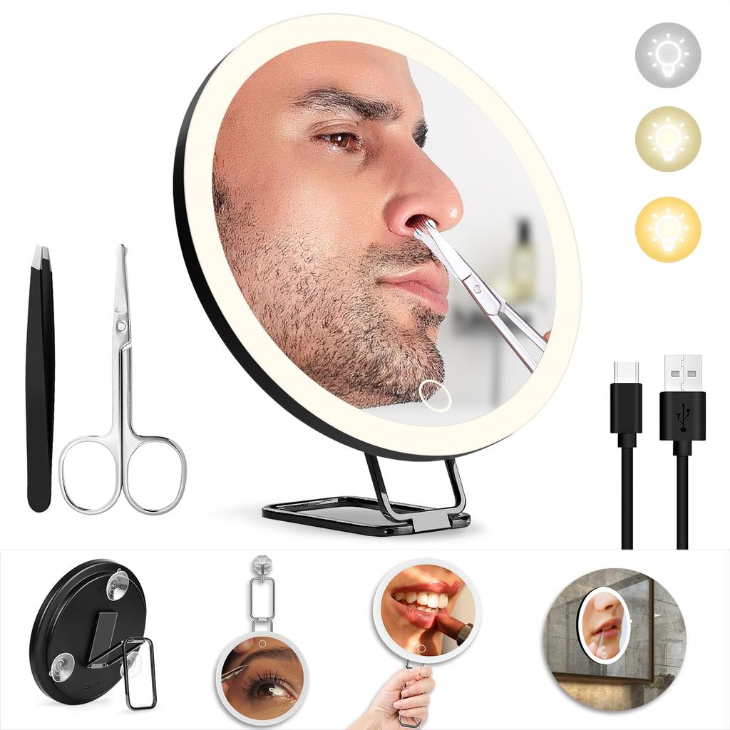 30X Magnifying Makeup Mirror with Adjustable Tabletop 3 Stepless USB Easy to Store and Carry Includes Tweezers and Nose Hair Scissors Light, 360°