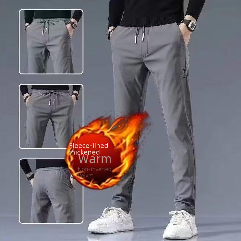 Black Label Plus Men's Slim Fit Tall Straight Fleece Pants - Autumn/Winter Korean Casual Trousers