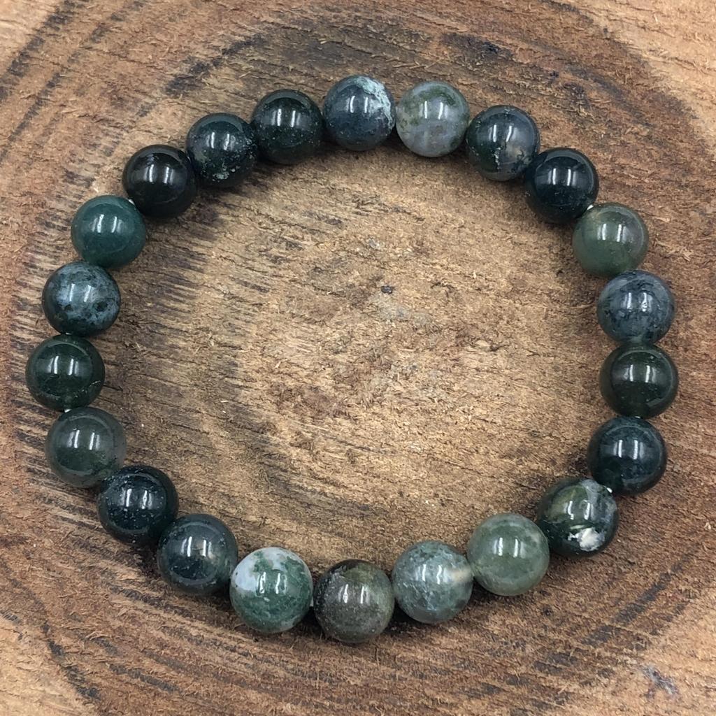 8mm Natural Moss Agate Gemstone Beads Jewelry Handmade Green Stone Bracelet 7.5" For Good-Luck RBB-56