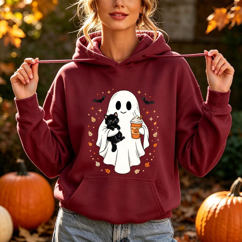 Cute Ghost Black Cat Sweatshirt Spooky Halloween Pumpkin Coffee Print Pullover Fall Winter Casual Long Sleeves Tops Unisex