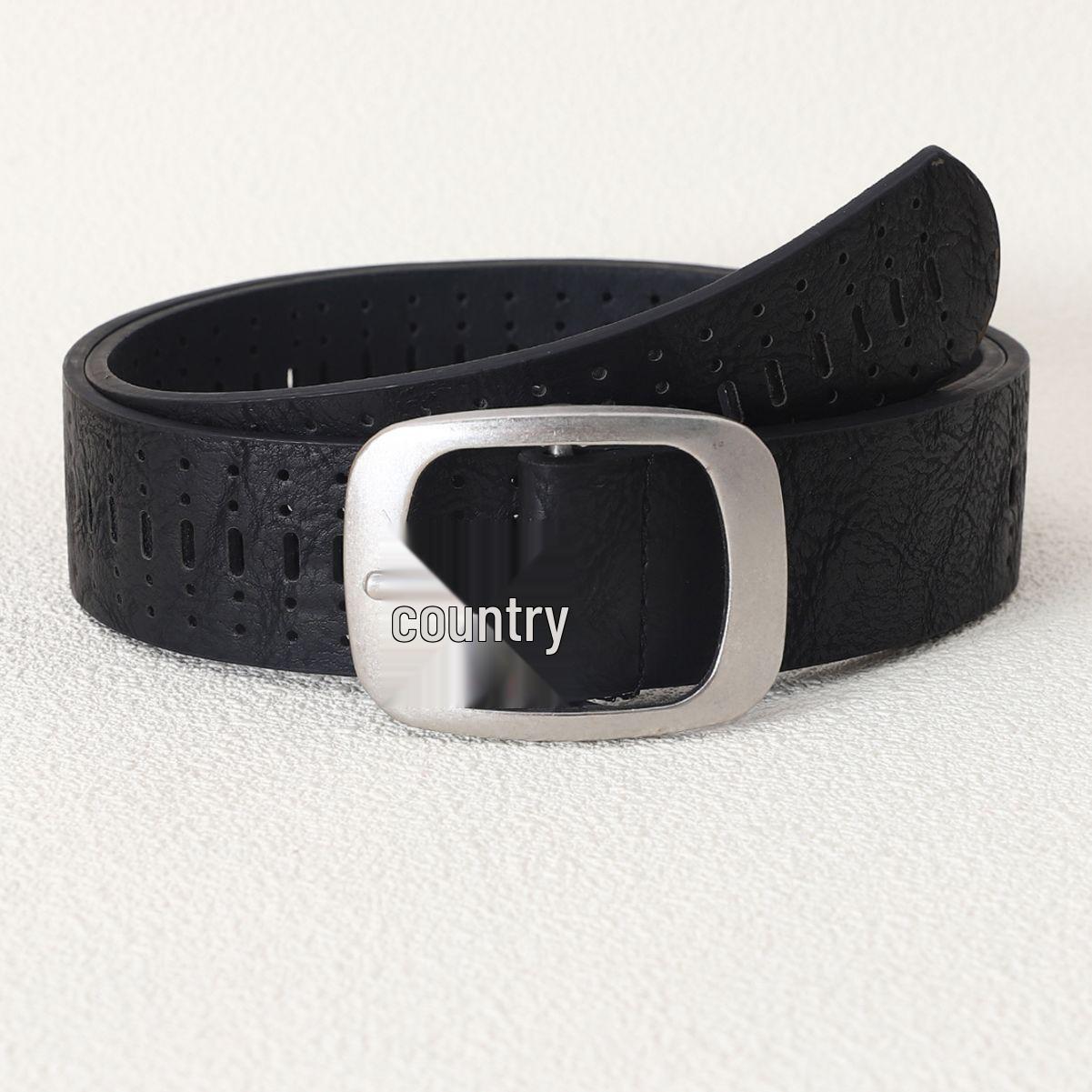 Men s Retro Distressed Hollow-Out Pin Buckle Leather Belt - Breathable, Genuine Leather, Versatile for Casual Jeans.