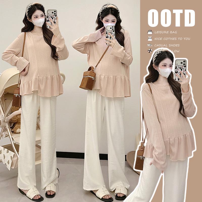 

2026 Spring Korean Style Maternity Lace Hem Long Sleeve T-shirt - Loose Belly Covering Top 2X-Large розовый