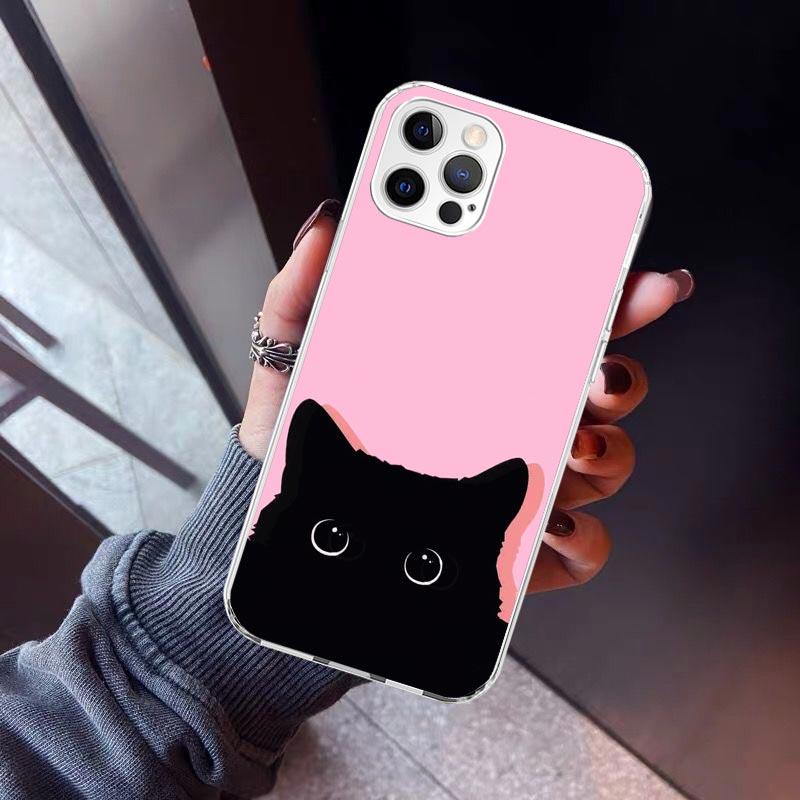 Cartoon Cute Black Cat Phone Case For iPhone 17 Air 16 15 Pro Max 14 Plus 13 Mini 12 11 Cover 7 8 SE Silicone Shell Print Fundas