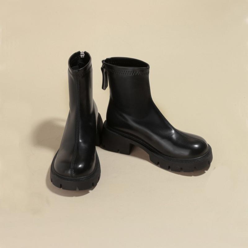 Elastic Small Short Boots Thick Heel Round Head Velvet Thick-soled Martin Boots Women's 2025 Autumn and Winter New Soft Leather Thin Boots