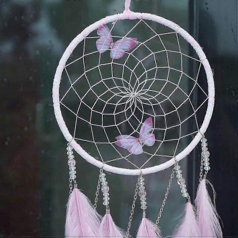 Butterflies Dream Catcher Handmade Colorful Feather Dream Catchers Wall Decoration For Girls Kids Nursery Bedroom Decoration Blessing Gift (pink)