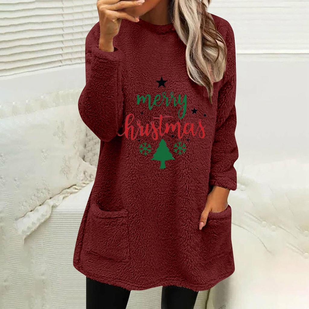 Green Christmas Print Plush Hoodie with Pockets - Women's Loose Fit, Round Neck, Long Sleeve (Autumn/Winter Collection)