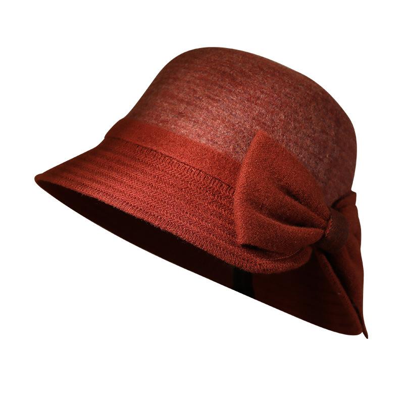 Hat Lady Autumn and Winter Middle-aged Elegant Bow Woolen Top Hat Fashion Thermal Basin Hat Versatile Bucket Hat
