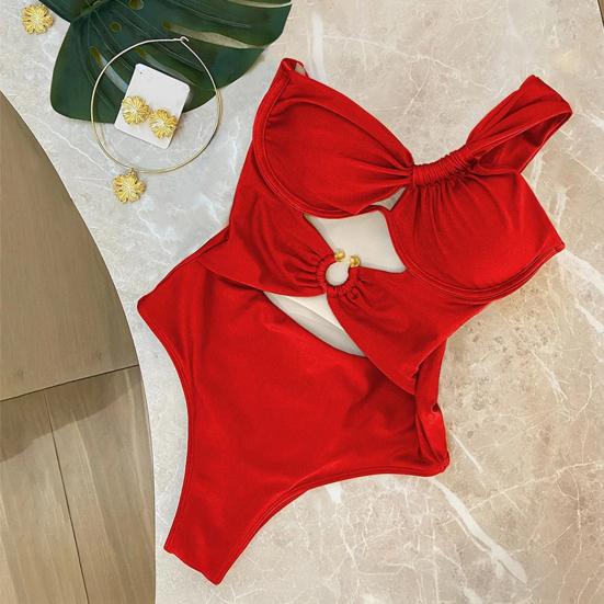 Women One-Piece Swimsuit One Shoulder Padded Steel Support Metal Buckles Monokini Sexy S-Shaped Figure