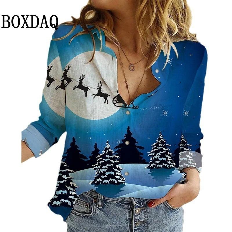 Women's Blouses Christmas 3D Printed Shirts Autumn Winter Fashion Long Sleeve Funny Cute Santa Claus Casual Button Tops