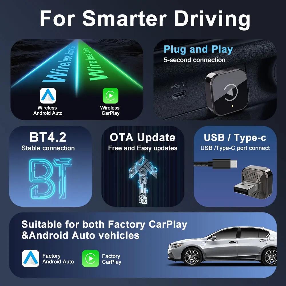 New 2 in 1 Wireless CarPlay Adapter&Android Auto Wireless Adapter, 5Ghz WiFi Type-C/USB Plug and Play For VW Toyota Nissan Honda