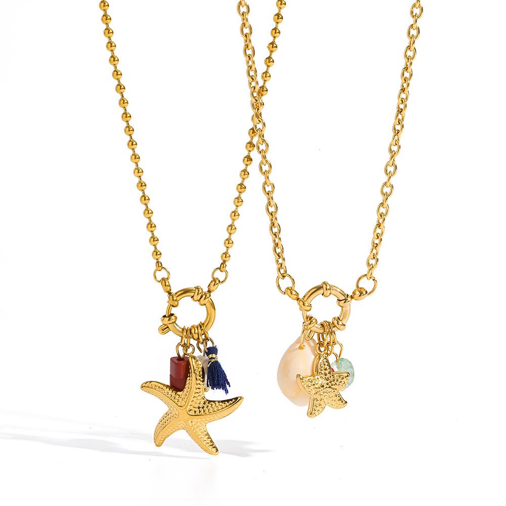 ins seaside vacation wind plated 18k gold starfish natural stone pendant multi-element fringed necklace collarbone chain women