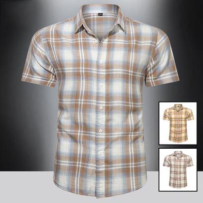 Nova camisa de algodão masculina de verão macio absorvente de suor respirável manga curta casual gola virada para baixo camisa xadrez plus size