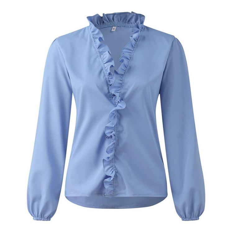 Elegant Women's Fashion Long Sleeve Solid Color Comfort Ruffle Blouse Shirt