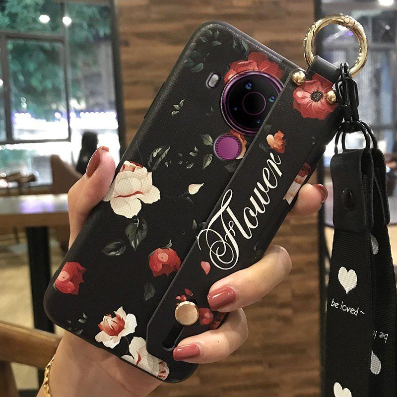 Back Cover Anti-dust Phone Case For Nokia 5.4 Wrist Strap Anti-knock Kickstand Shockproof Wristband Flower Phone Holder