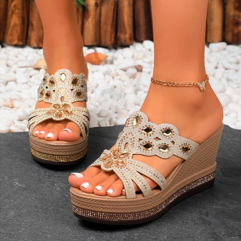 Fashion Women's Slope Heel Slippers Summer New Round Head Open Toe Hollow Thick Sole Non-slip High-heeled Sandals